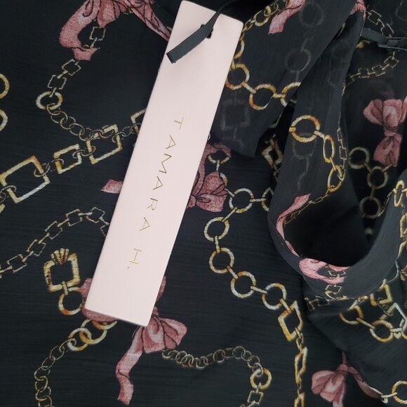 Tamara H. Womens Black Gold Status Chain Pink Bow Blouse Size XL Tie Neck Whimsy - Picture 6 of 12